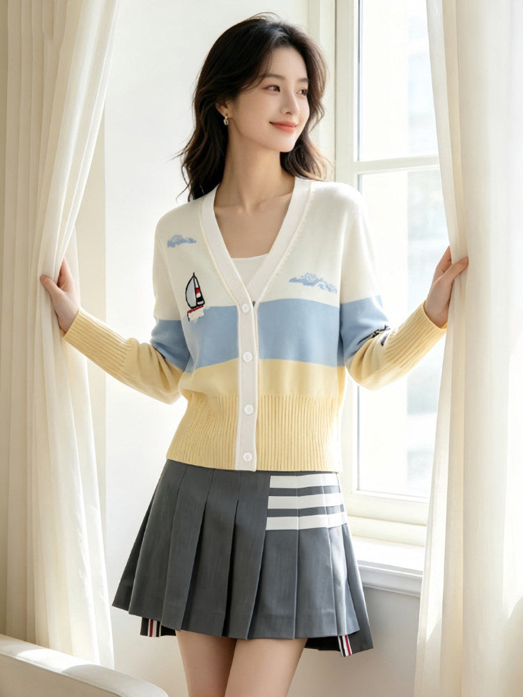 Thom Browne Style Contrast Sailboat Embroidered V-Neck Cardigan