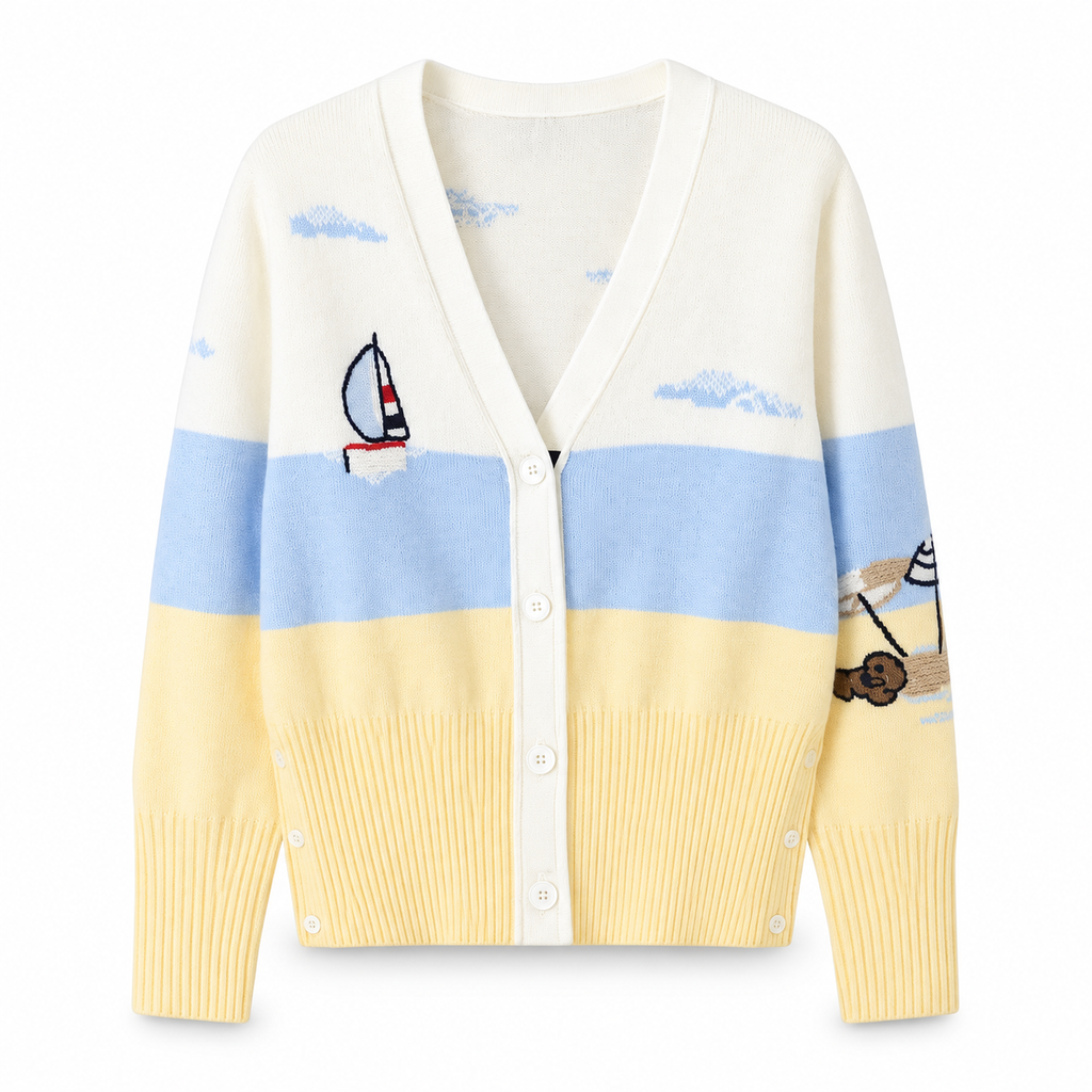 Thom Browne Style Contrast Sailboat Embroidered V-Neck Cardigan
