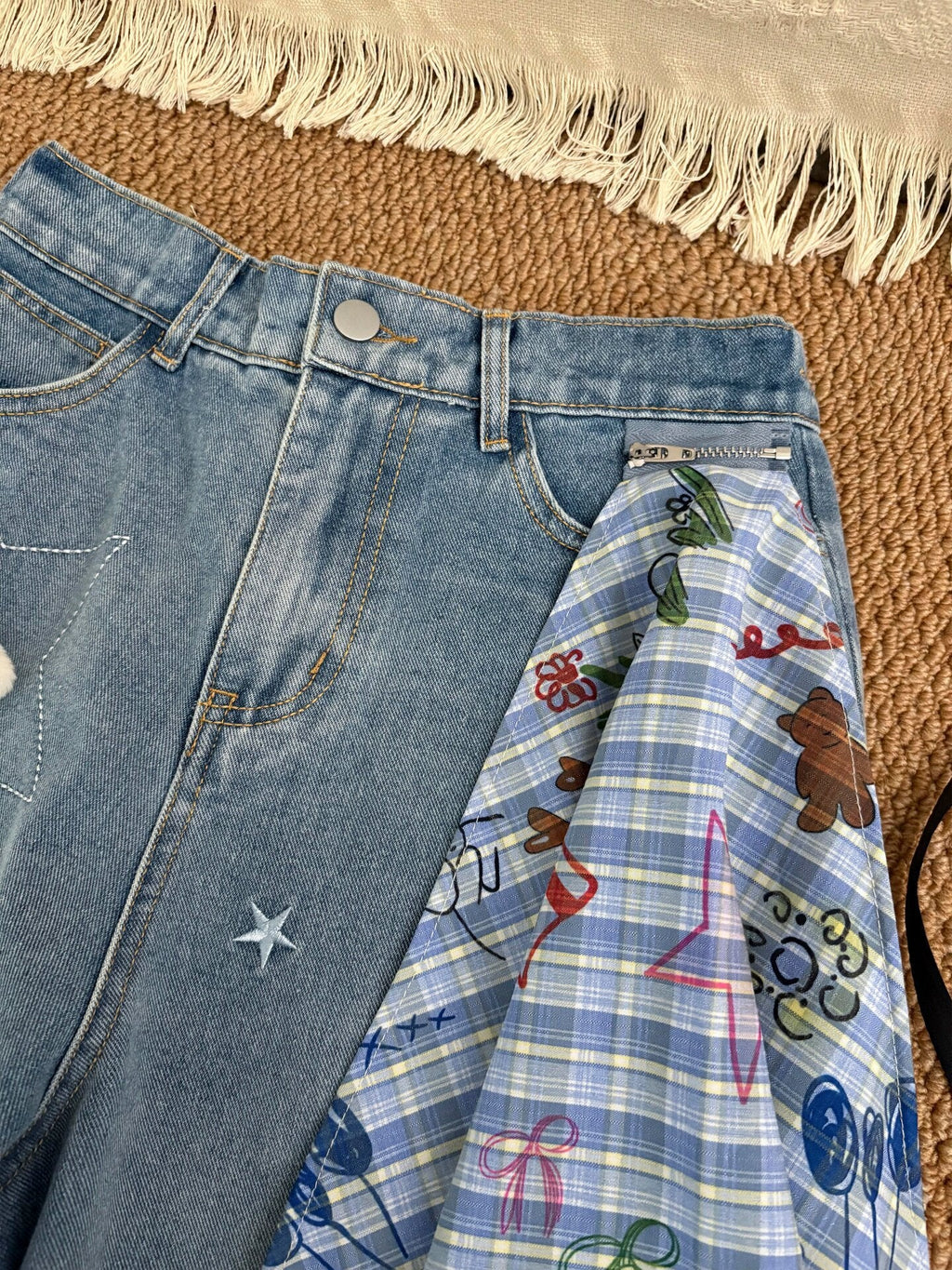 Bear Star Embroidery Plaid Scarf Wide Leg Denim Capri Pants