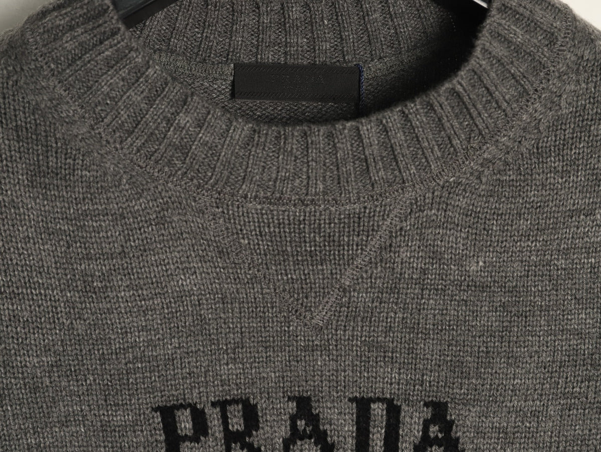 Prada Milano Logo Crewneck Knit Sweater - Gray